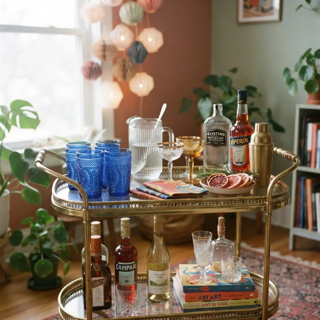 Whimsical brass bar cart styled with cobalt glassware and dried citrus.