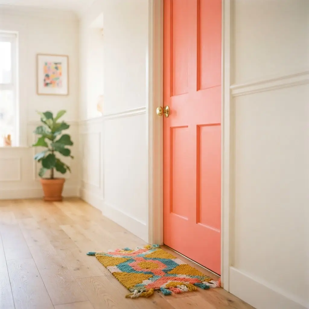 Bright painted statement door with a brass knob and woven doormat.