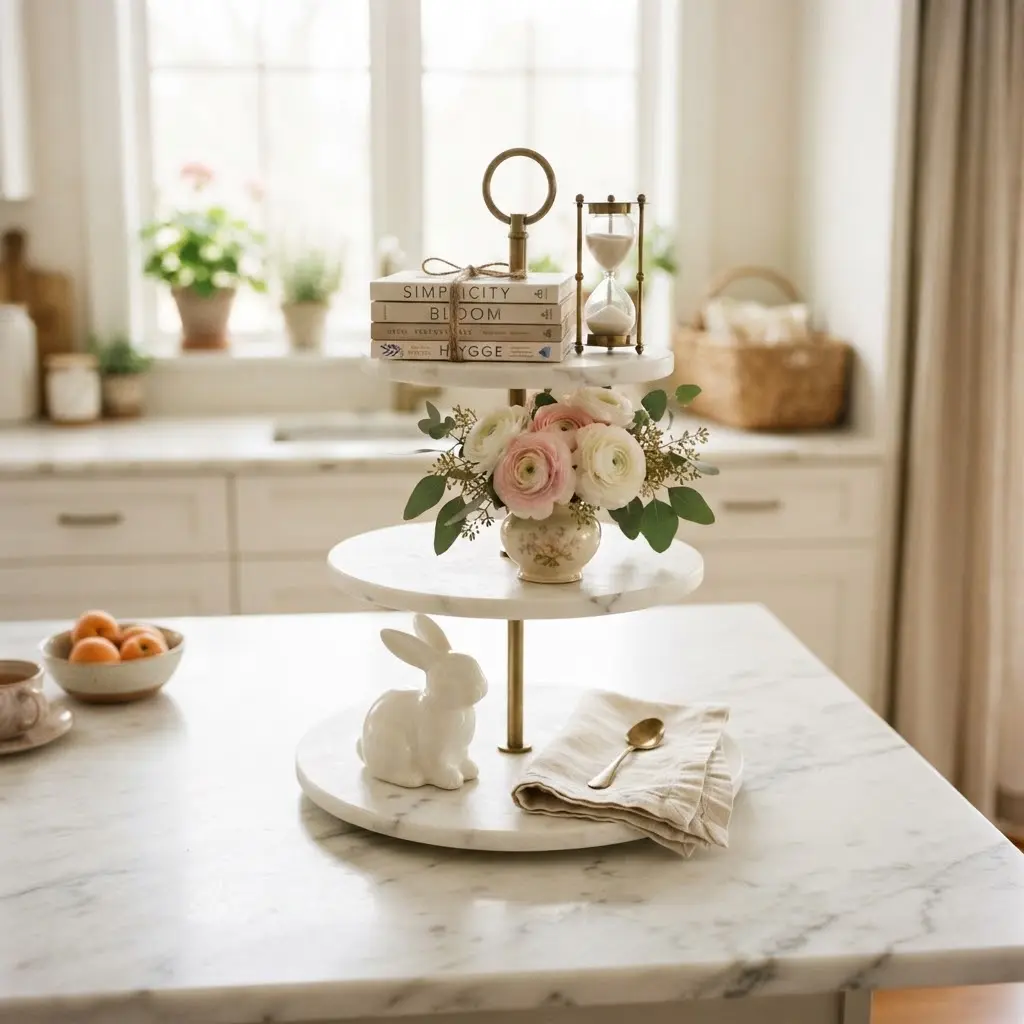 Marble tiered tray styled with brass hourglass, pink ranunculus, and a ceramic rabbit.