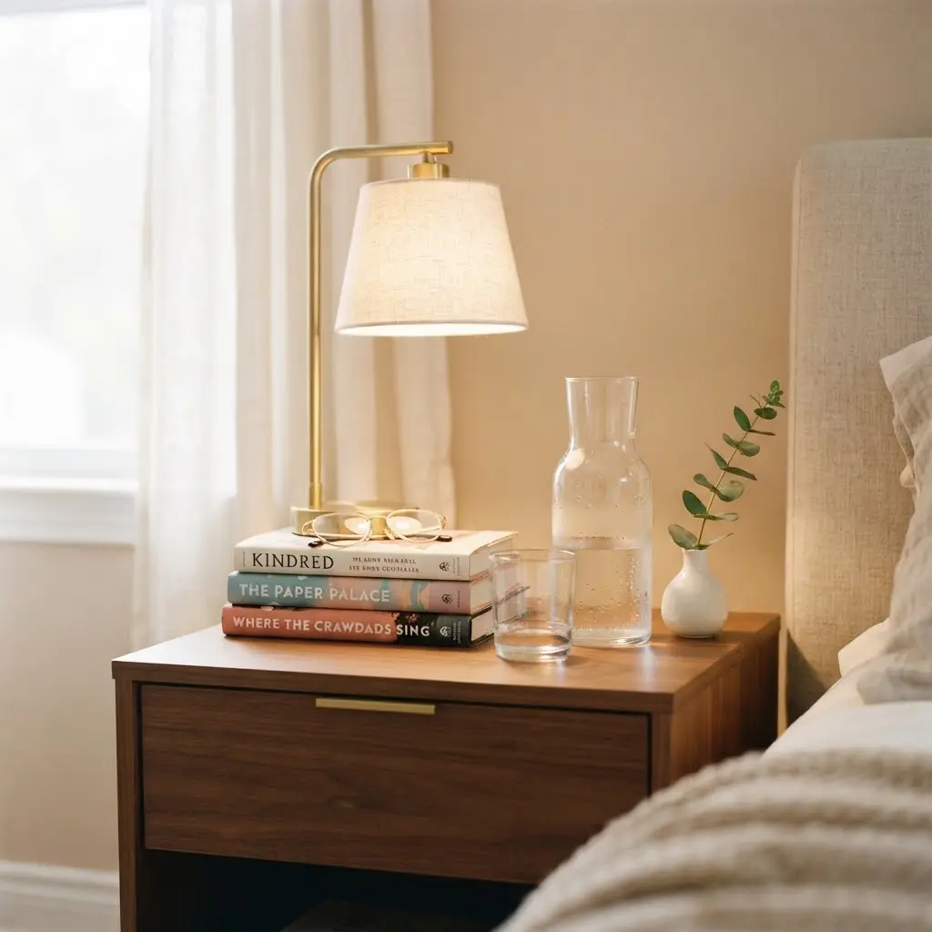 Warmly lit nightstand vignette with brass lamp, books, and glass carafe.