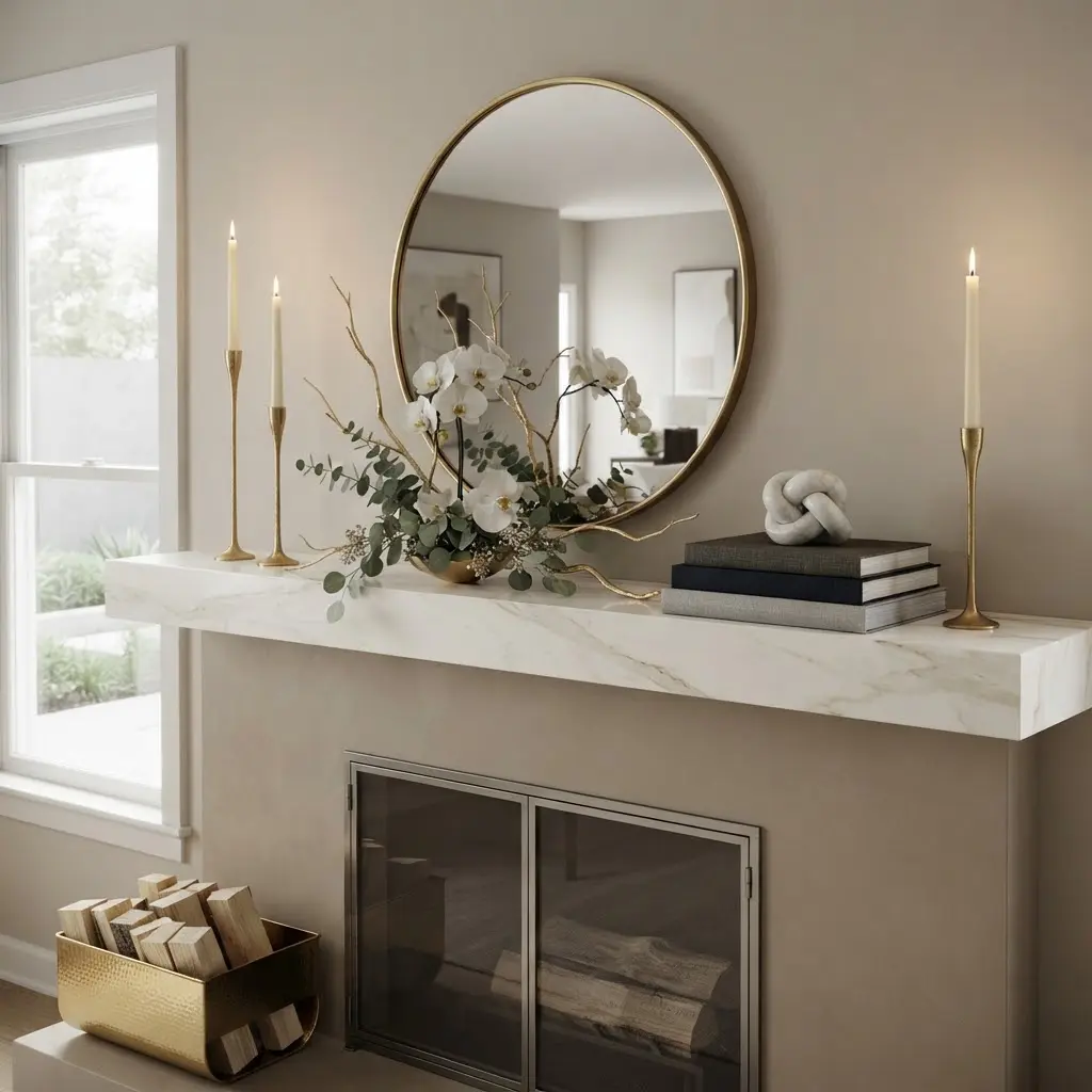 Fireplace mantel vignette ideas with brass candlesticks and eucalyptus garland.