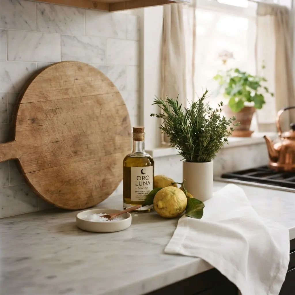 Kitchen counter styled with olive oil, lemons, and fresh rosemary sprigs.