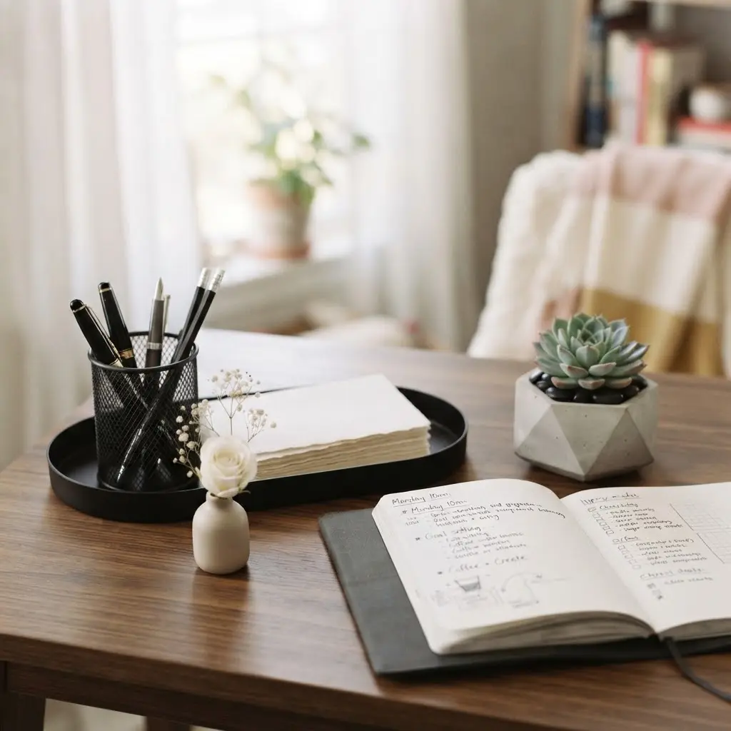 Home office desk vignette with gold tray, brass pen cup, and leather notebook.