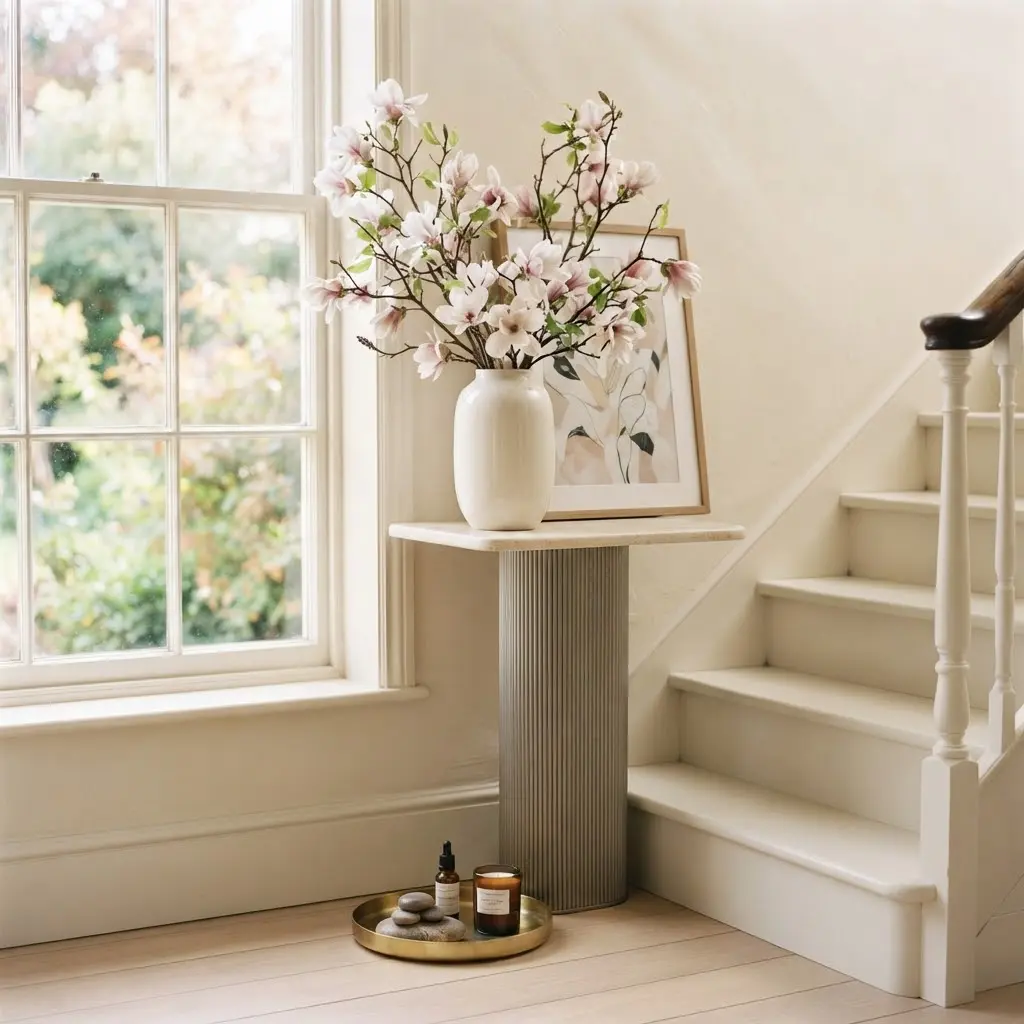 Staircase landing styled with magnolia branches and a small brass bowl.