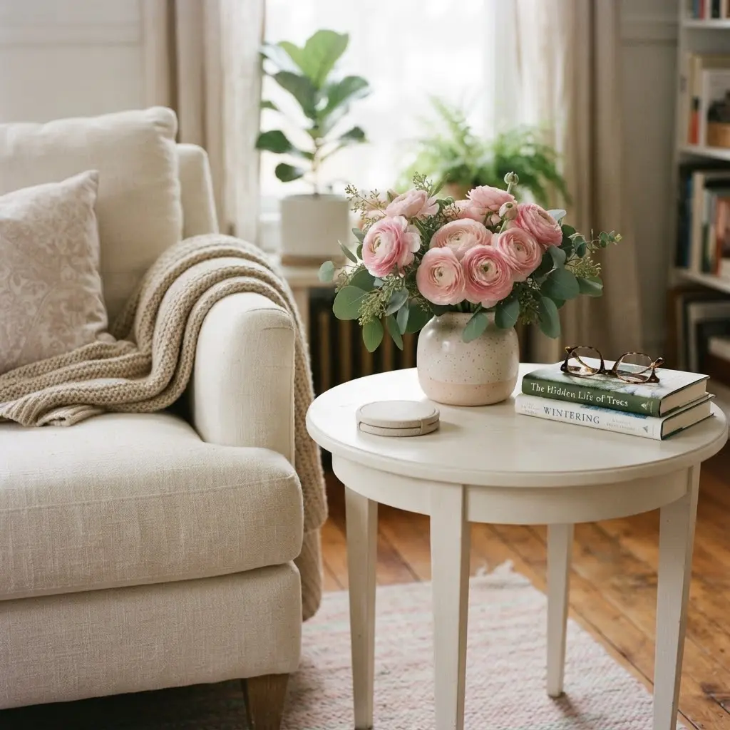 Living room side table with ranunculus, linen coaster, and folded throw.