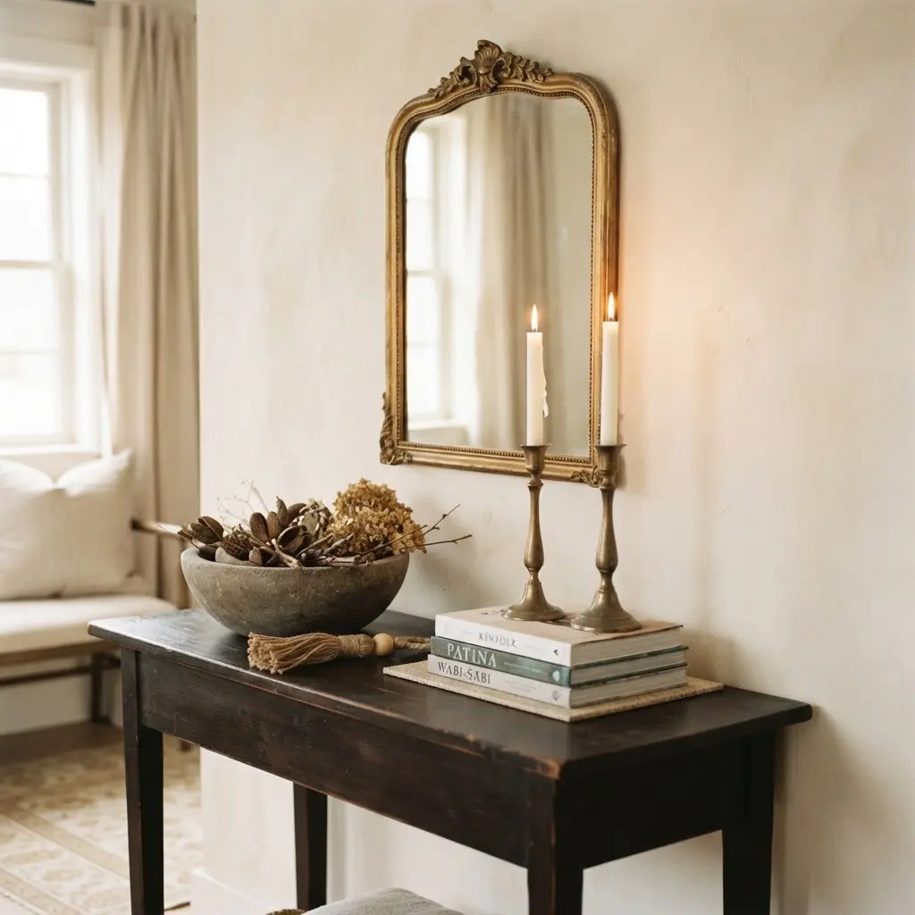 Candlelit console table with brass candlesticks, dried pods, and a gilded mirror.
