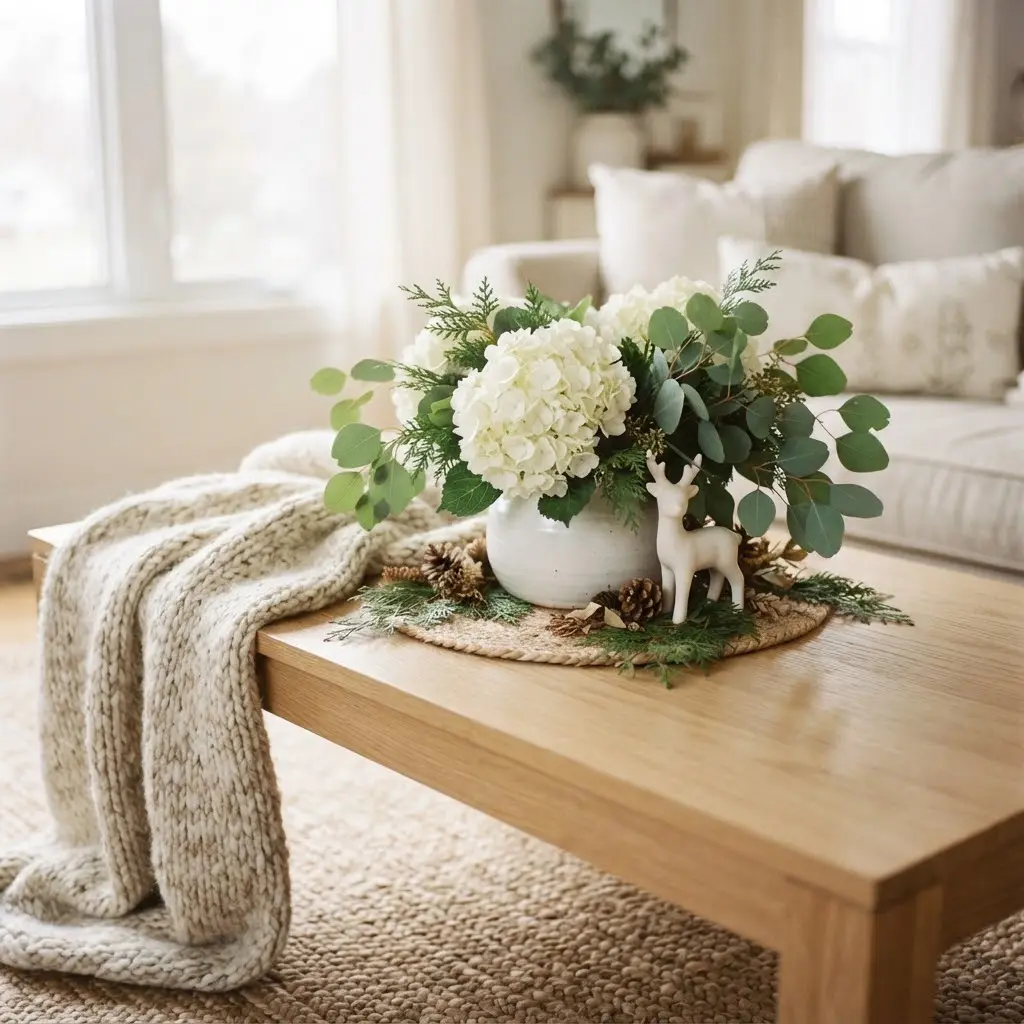 Fresh hydrangea and eucalyptus coffee table vignette ideas with cedar and pinecones.