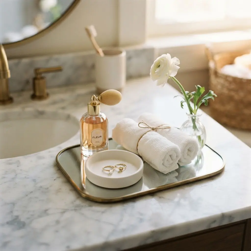 Mirrored vanity tray with perfume bottle, ring dish, and rolled linen towels.