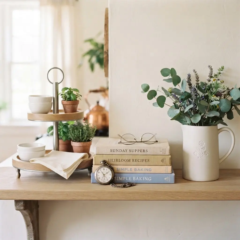 Vintage tiered tray on open shelving with pocket watch and ceramic pitcher.