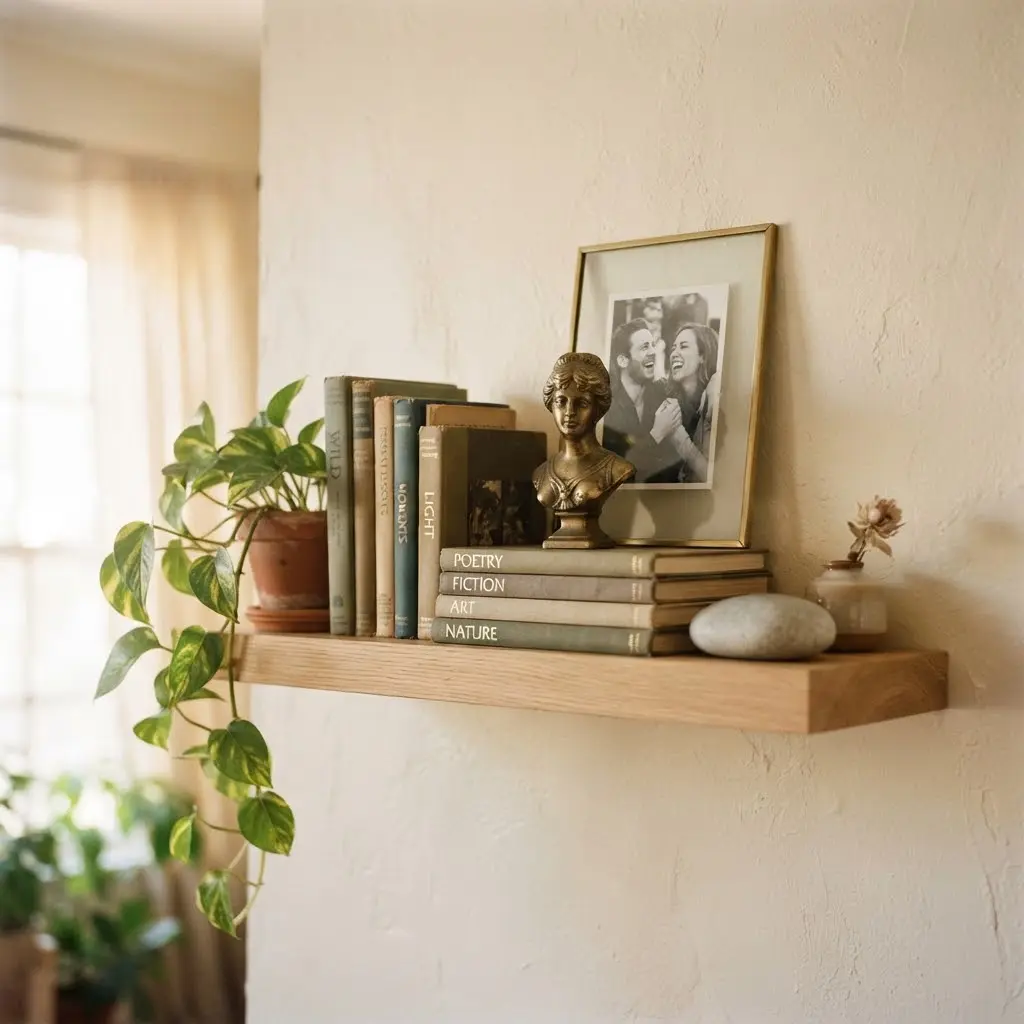 Layered bookshelf styled with brass bust, trailing pothos, and framed photo.