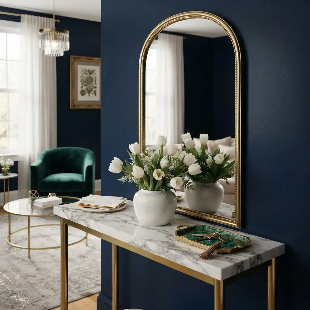 Entryway console vignette ideas with gold mirror, tulips, and brass tray.
