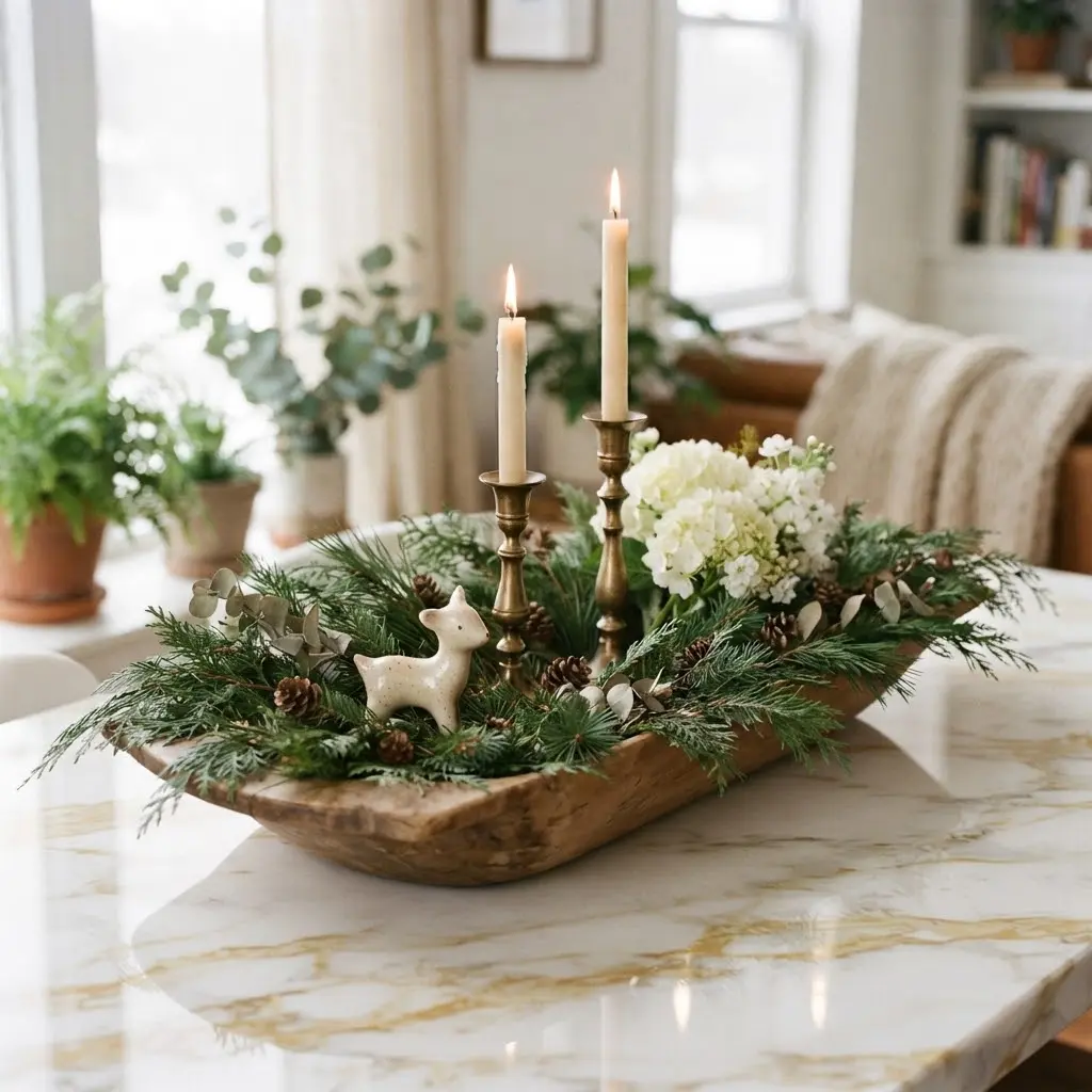 Cozy Christmas greenery vignette with brass candlesticks and white hydrangea.