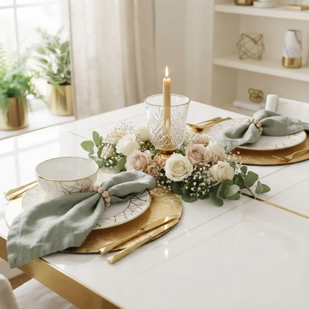 Modern glam dining table set with linen napkins and a glowing taper candle.