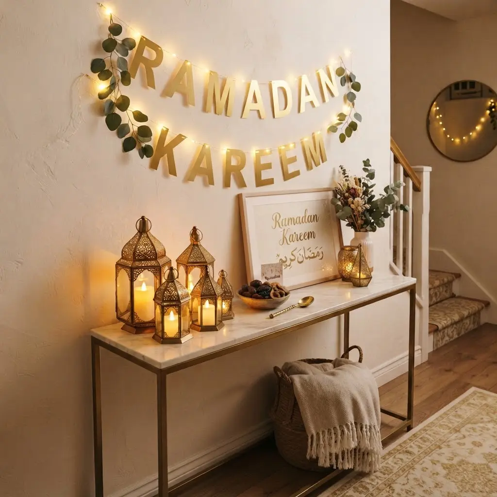 Fairy light Ramadan Kareem banner glowing above a lantern console table.