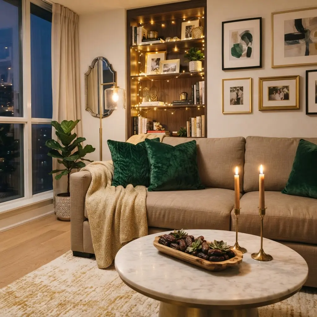 Emerald and gold living room refresh styled with brass candle holders.