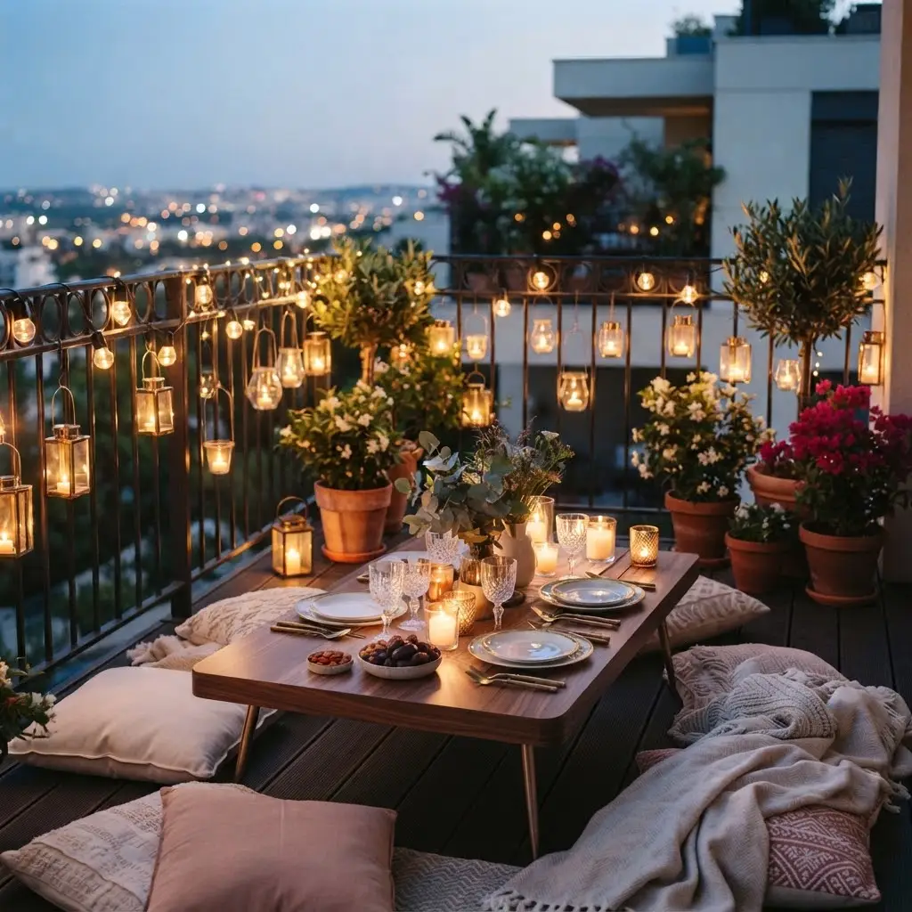 Lantern-lined balcony styled for a peaceful outdoor iftar setting.