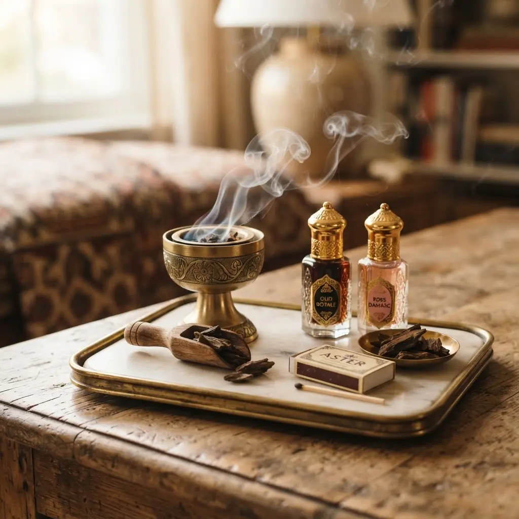 Oud and bakhoor incense station styled with attar oil bottles.