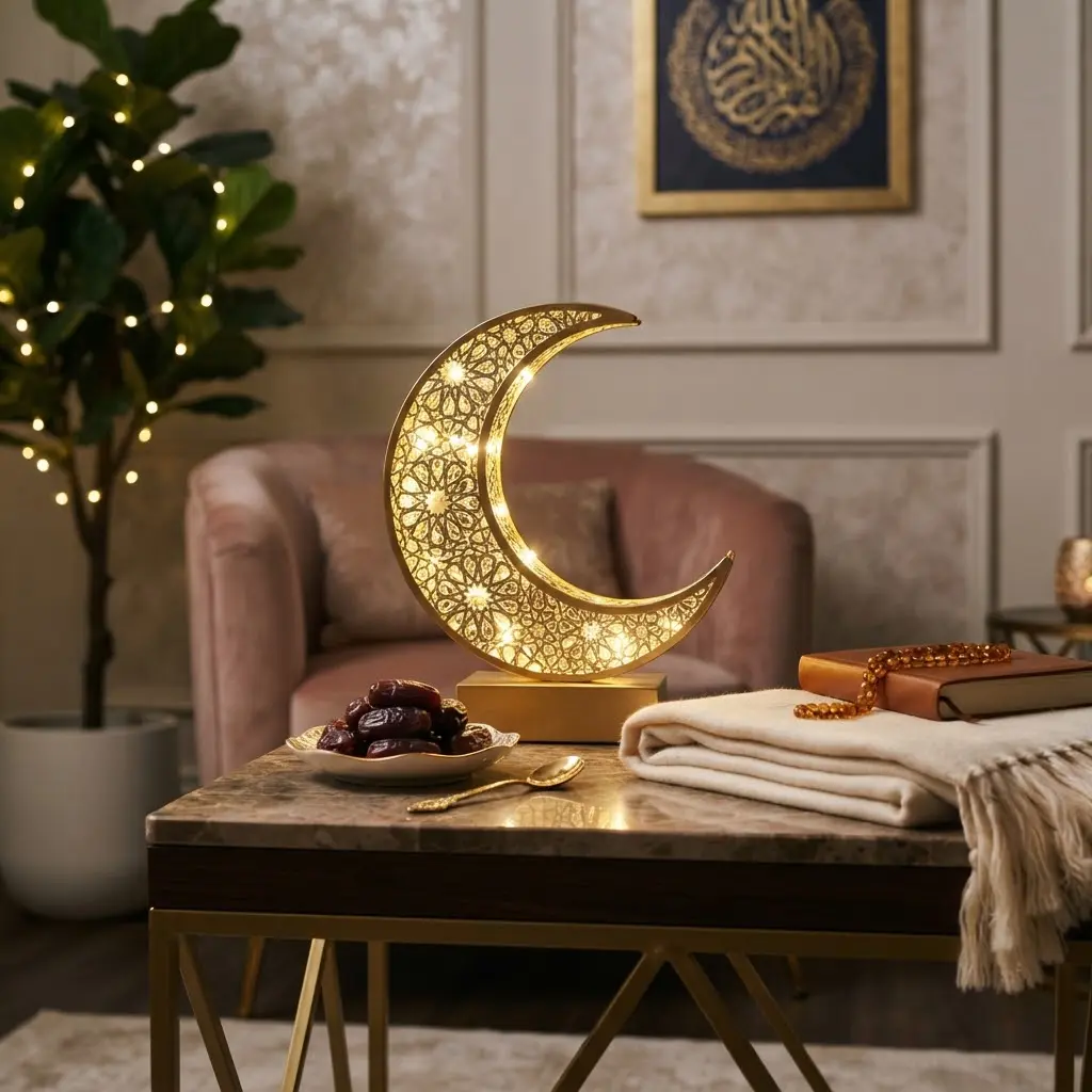 Crescent moon lamp glowing warmly beside a dish of dates.