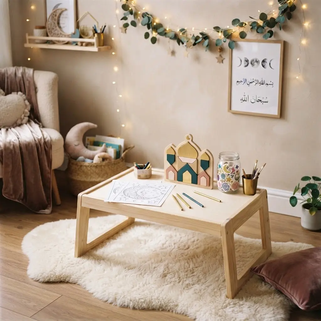 Kids' Ramadan activity corner styled with coloring pages and a puzzle.