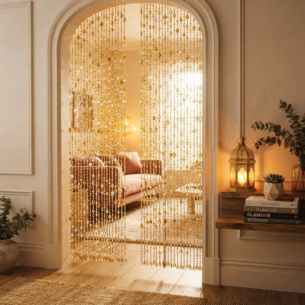 Beaded curtain doorway glowing with gold and amber lantern light.