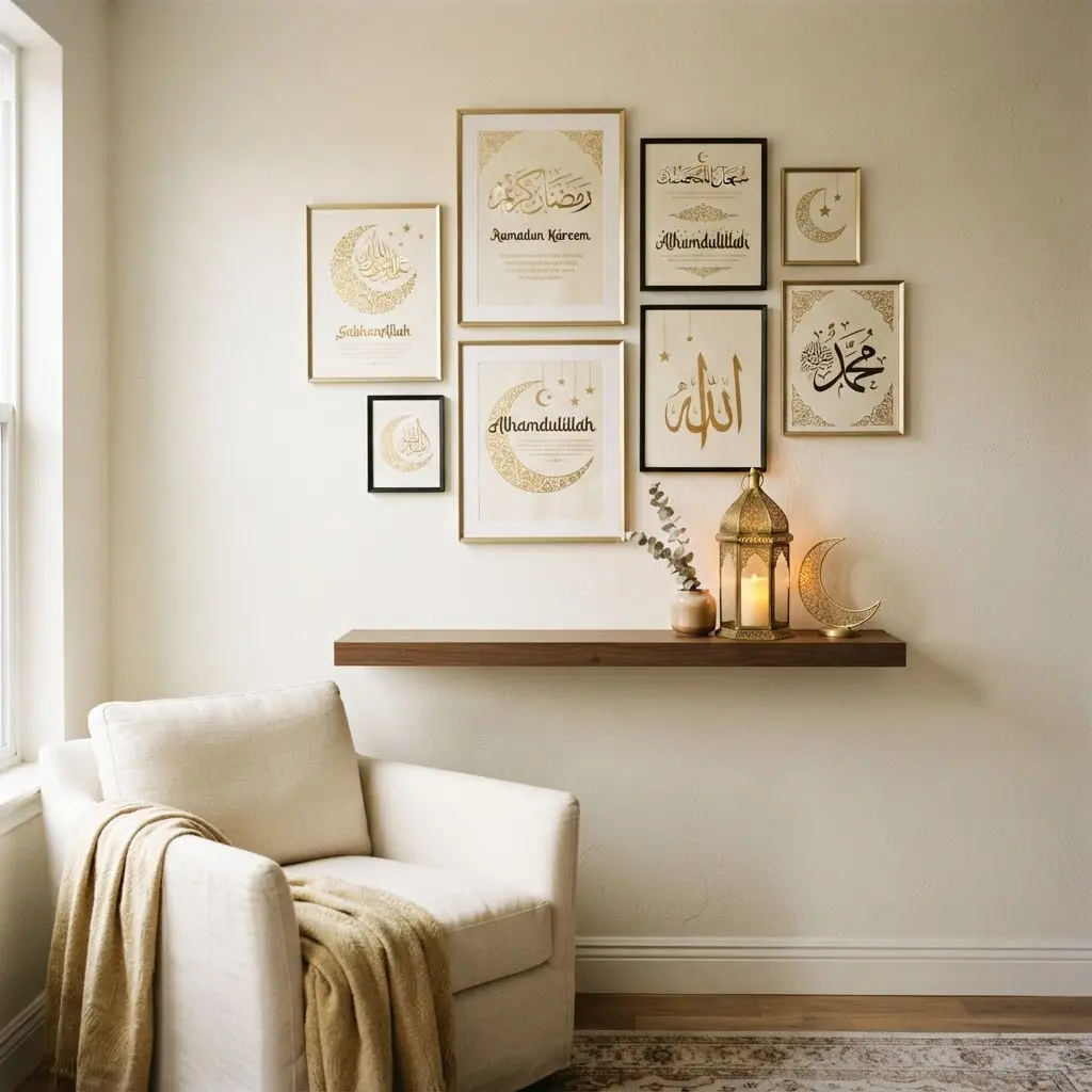 Islamic calligraphy wall art gallery styled in gold and black frames.