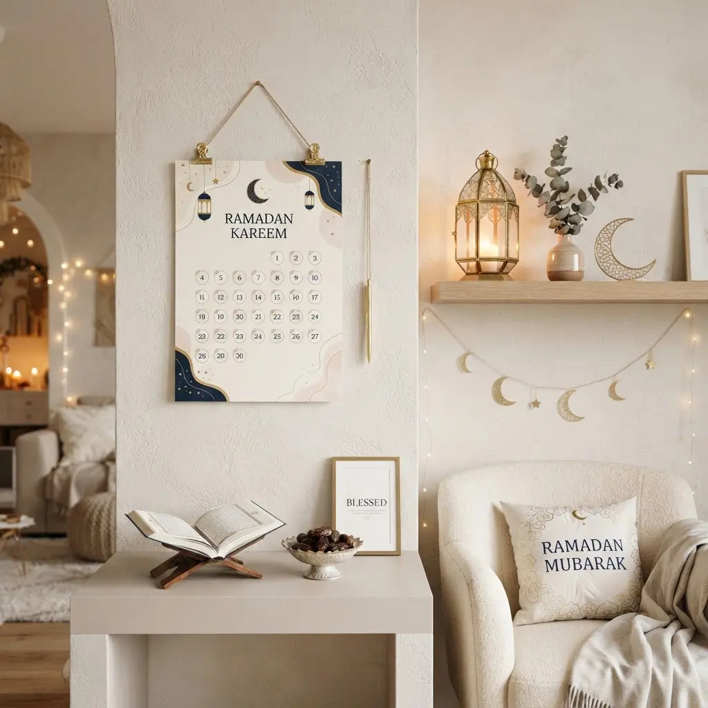 Simple printable Ramadan calendar pinned up with gold clips.
