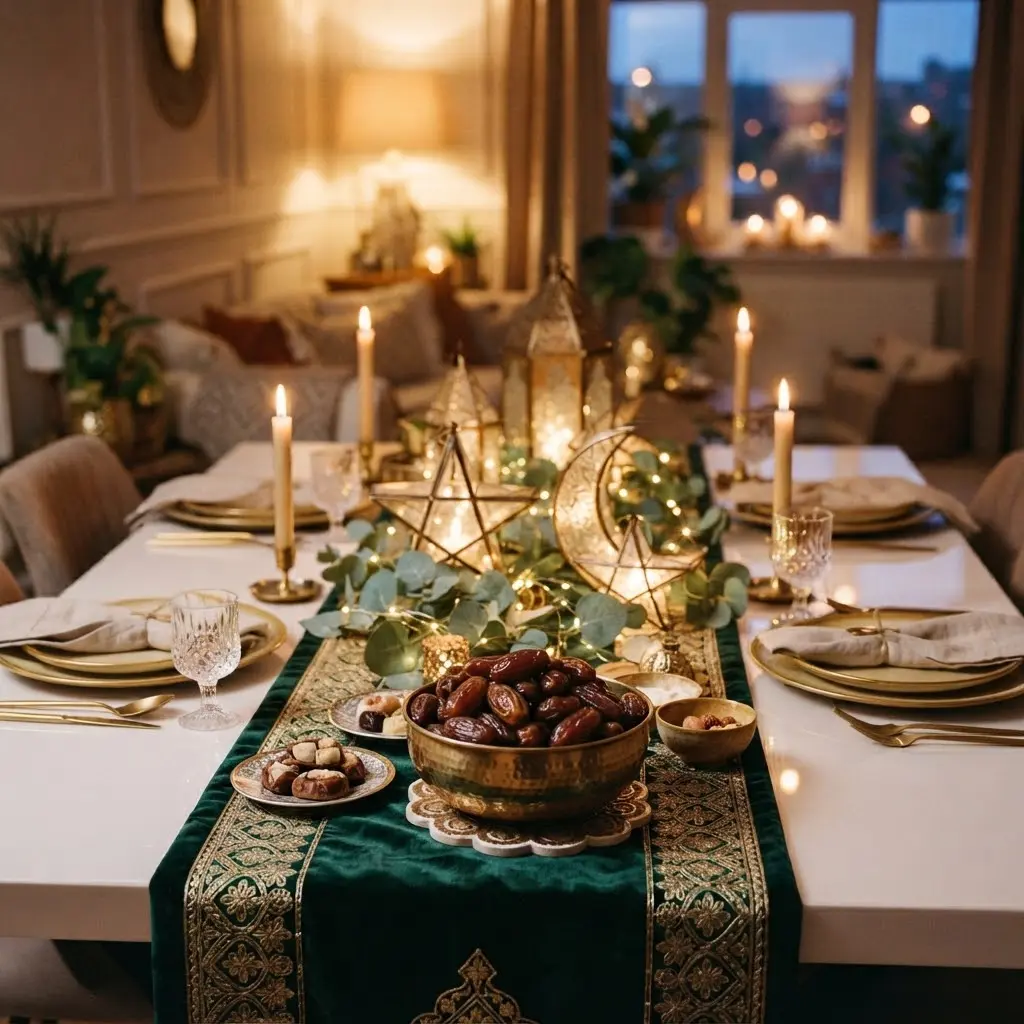 Moonlit iftar table styled with star lanterns and a bowl of dates.