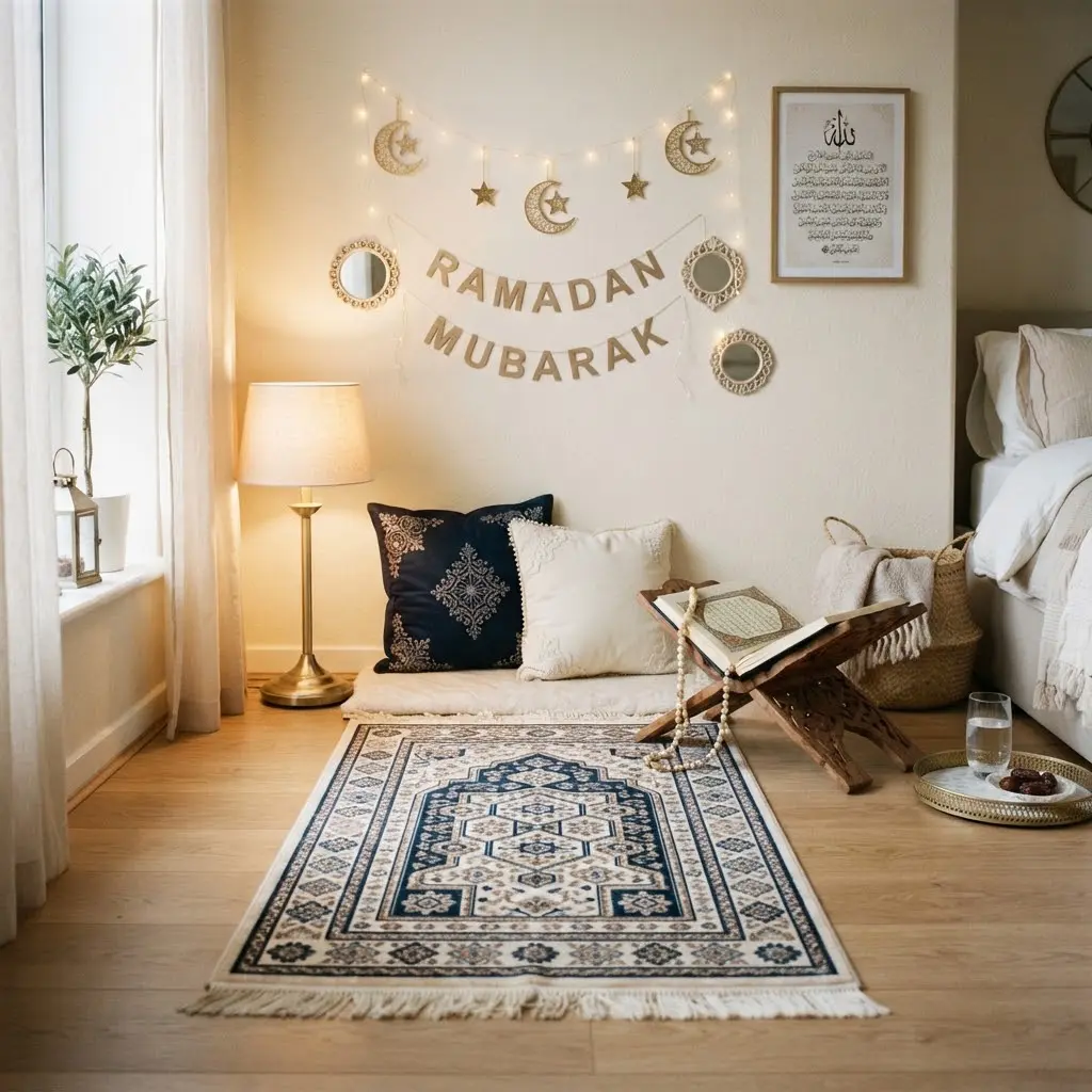 Quiet prayer corner styled with floor cushions and a wooden Quran stand.
