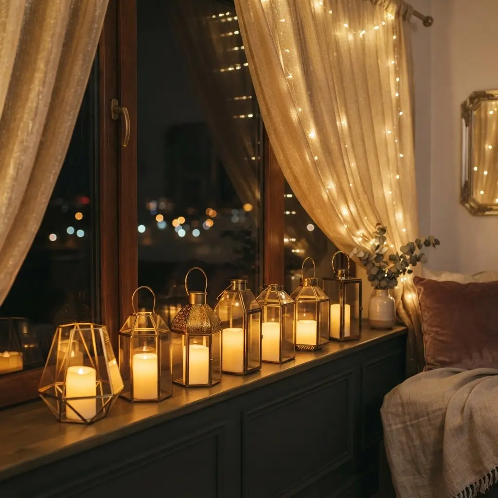 Golden lanterns lined along a window for warm nighttime Ramadan decorations.