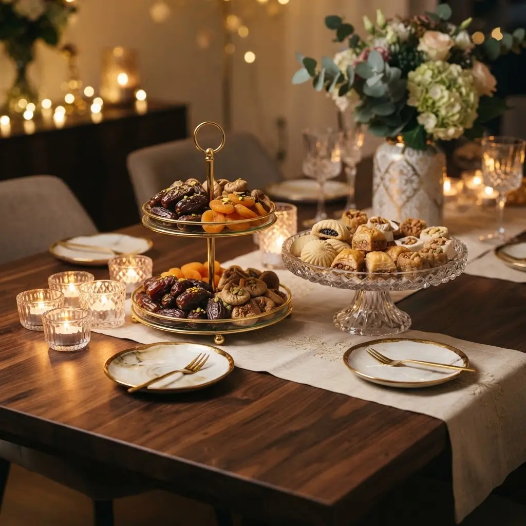 Date and dessert station styled with a crystal tray of traditional sweets.