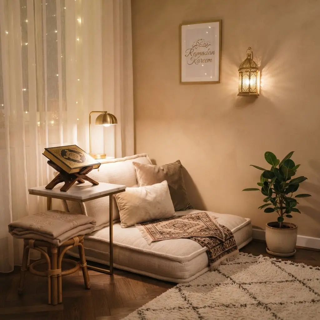 Quran reading nook glowing softly with a brass lamp and cushion.