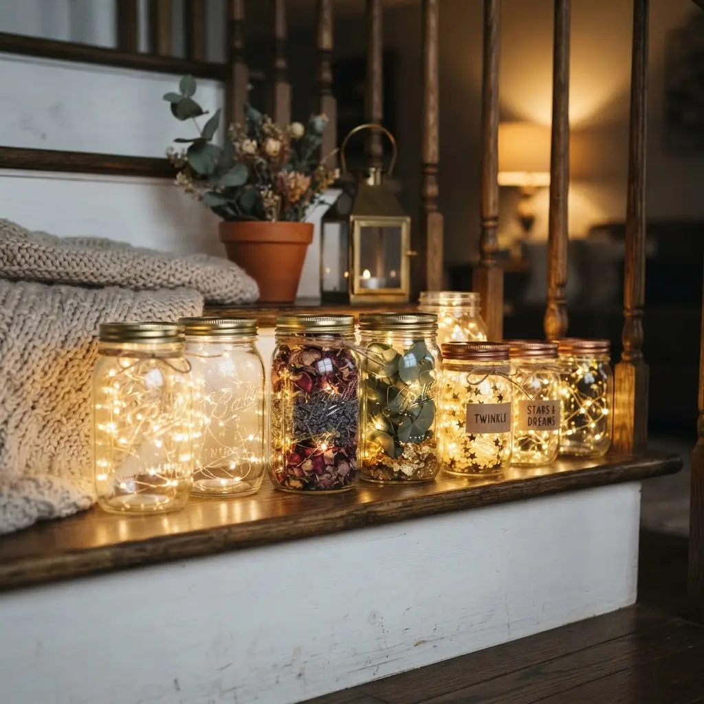 Fairy light jar luminaries glowing in the dark.