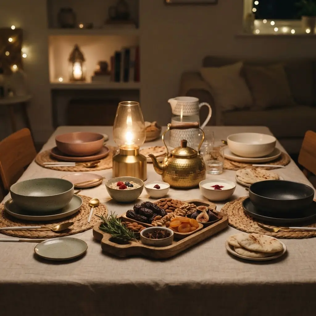 Suhoor table set the night before with a linen cloth and brass teapot.