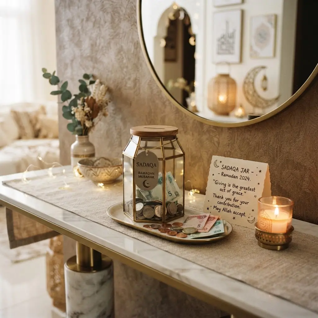 Glass sadaqa jar styled with coins and a candle for daily giving.