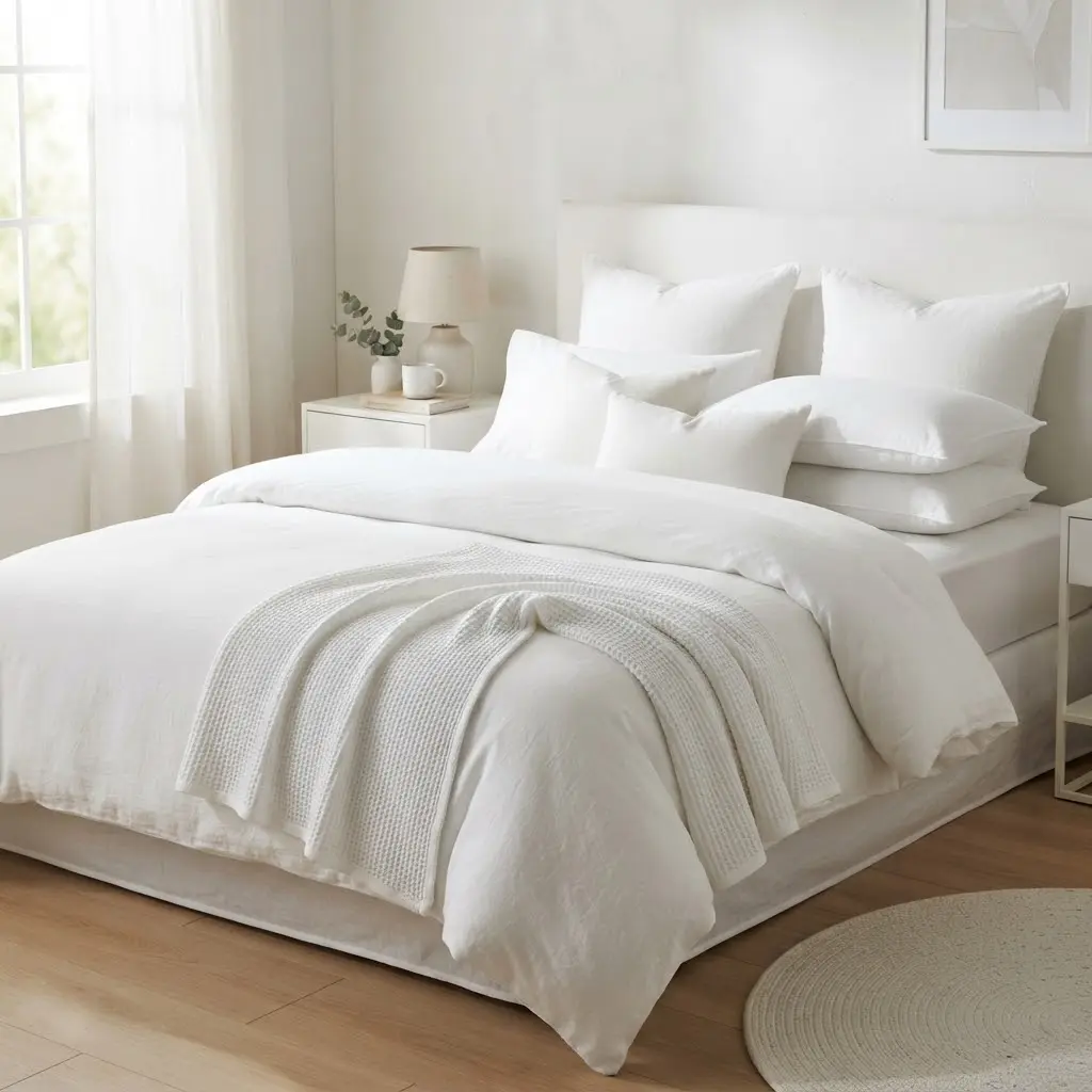 All-white hotel-style layered bed with plump duvet and folded waffle throw.