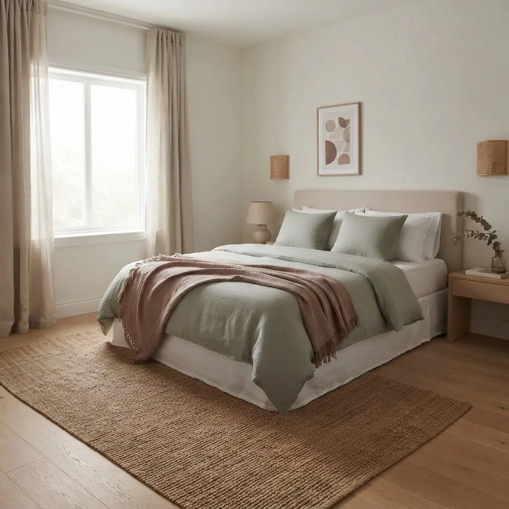 Japandi layered bed in clay and sage tones with minimal styling.