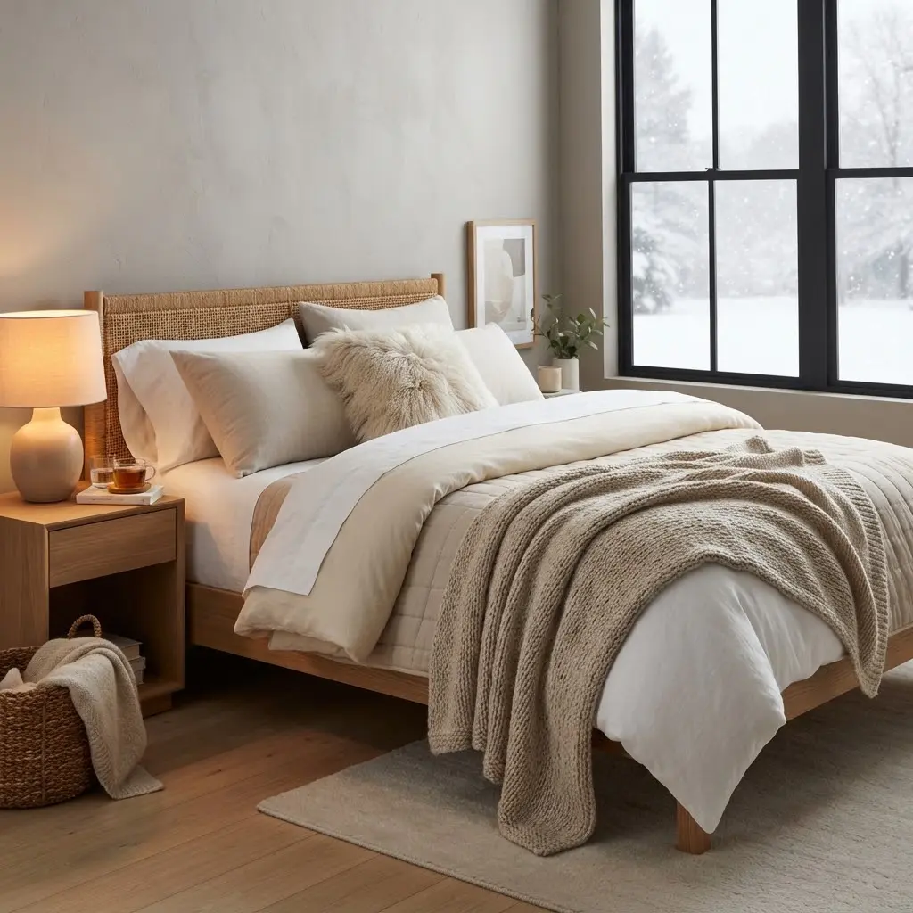 Winter hygge layered bed with chunky knit throw and faux fur pillow.