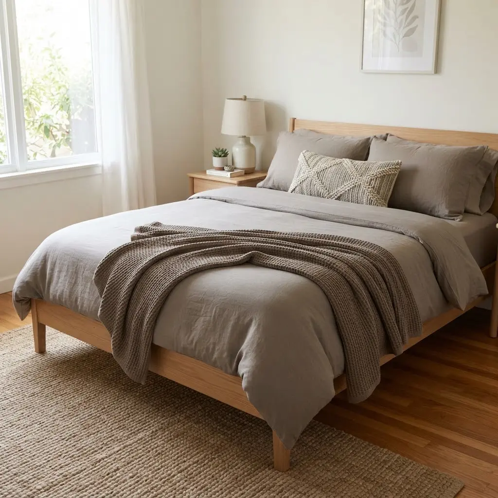 Modern neutral layered bed in taupe and warm gray tones with ribbed throw.