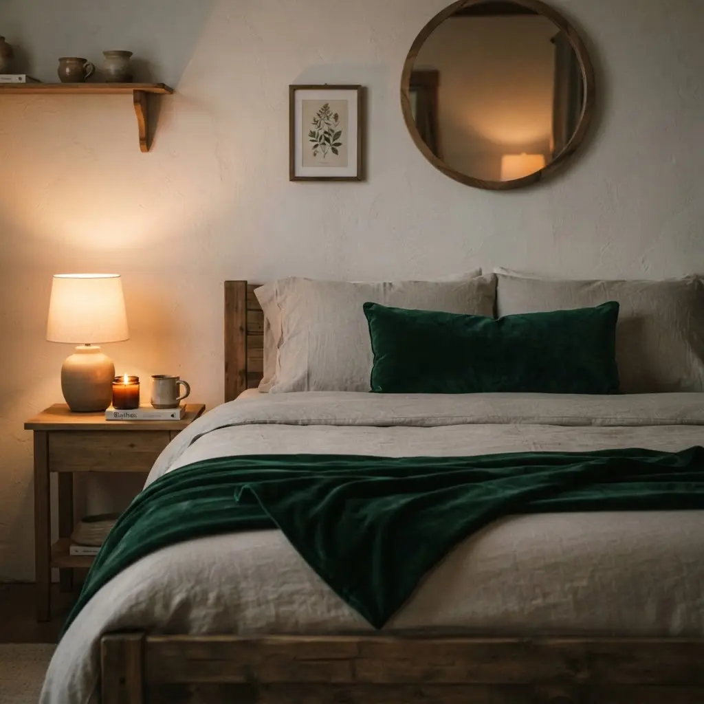 Luxury layered bed featuring a velvet lumbar pillow and folded velvet throw.