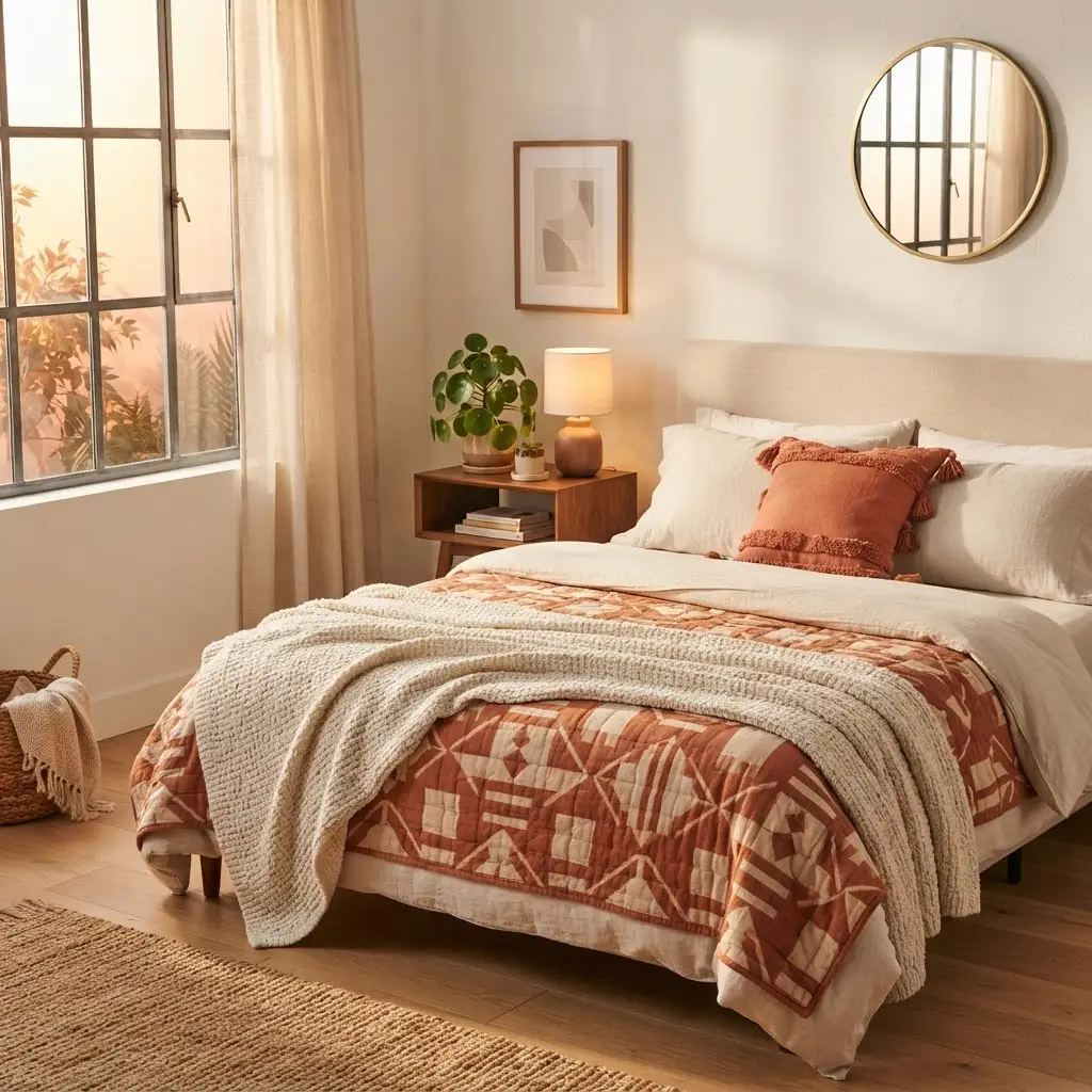 Boho layered bed with woven throw, tasseled pillow, and earthy patterned quilt.