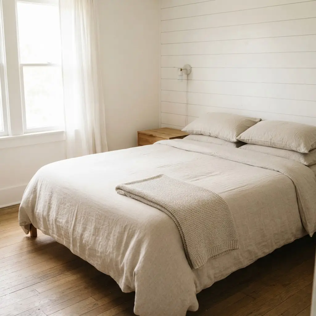 Scandinavian minimalist layered bed with oatmeal linen duvet and simple throw.