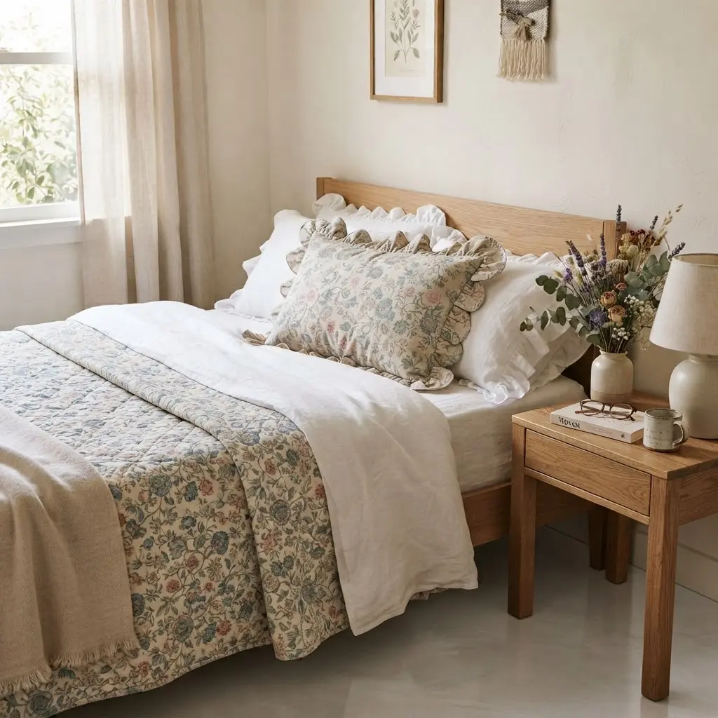 Cottagecore layered bed with faded floral quilt and ruffled pillow sham.