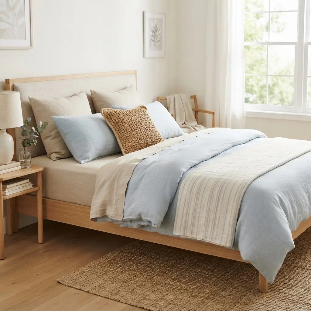 Coastal layered bed with pale blue linen bedding and woven accent pillow.