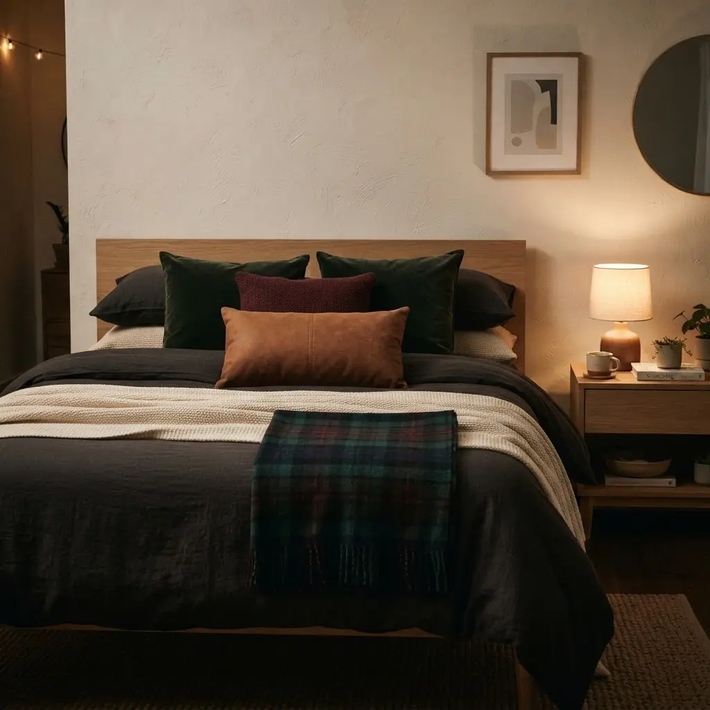 Moody dark academia layered bed with plaid throw and leather lumbar pillow.