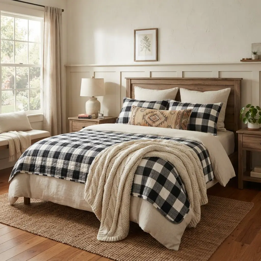 Rustic farmhouse layered bed with buffalo check coverlet and chunky knit throw.