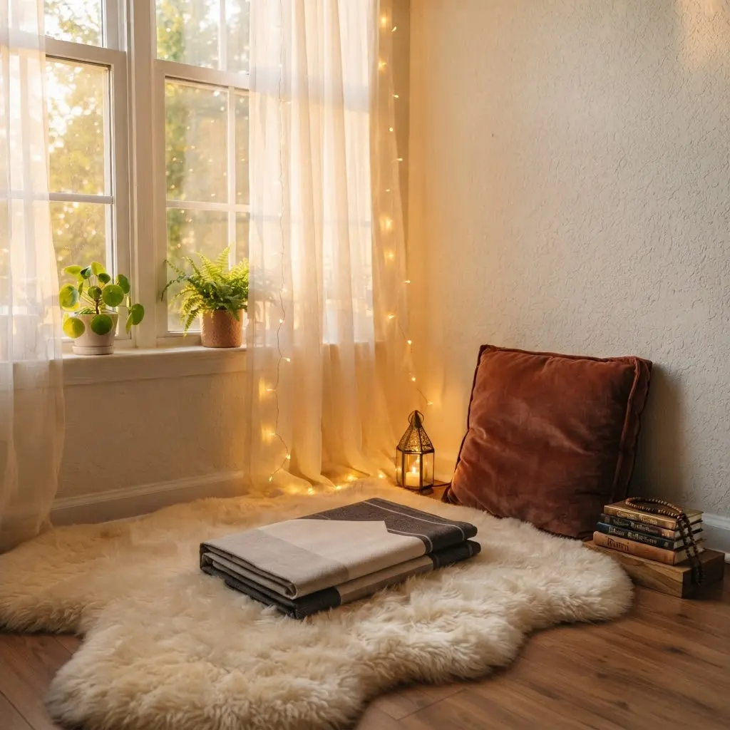 Cozy fairy-light window as one of the prayer corner ideas with cream rug and floor cushion. 