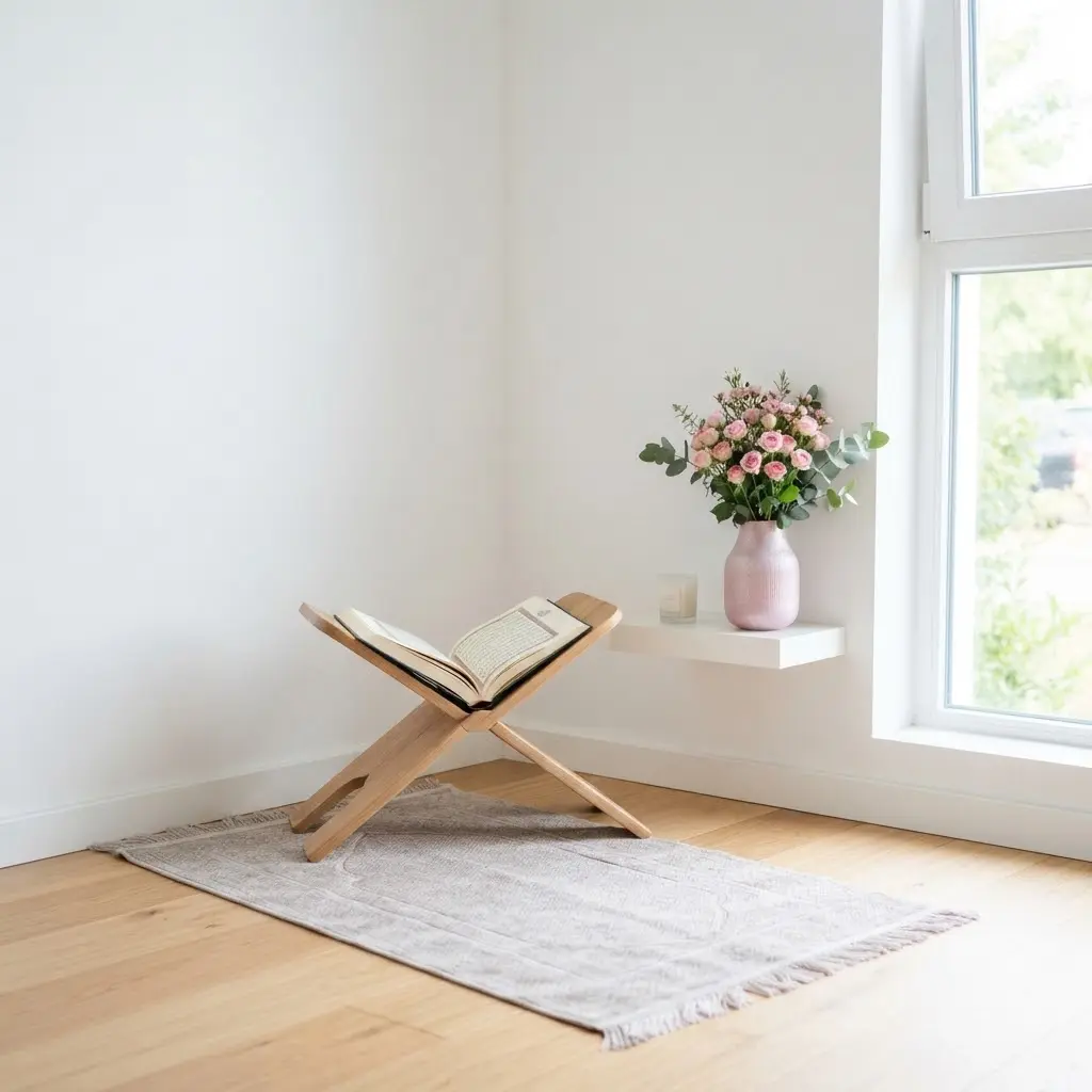 Minimalist white prayer corner with wooden Quran stand and candle. 