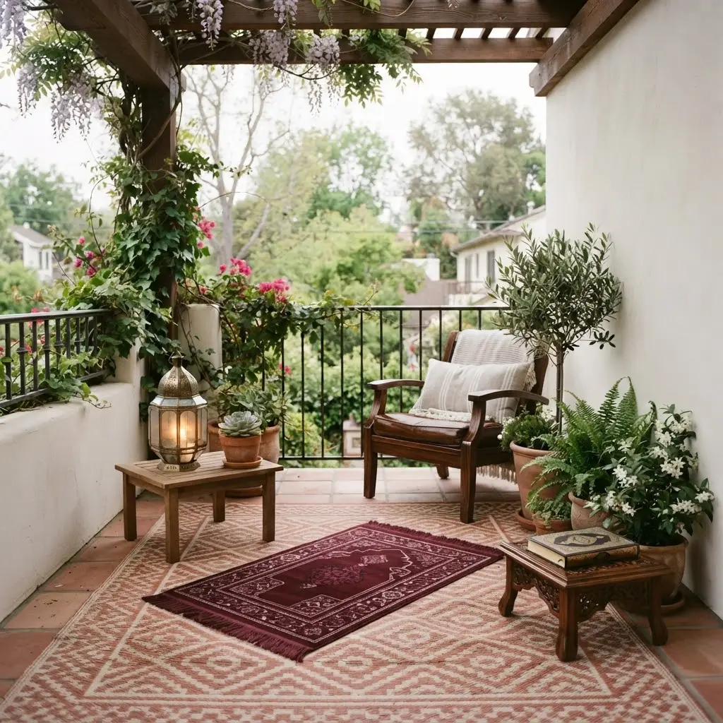Outdoor balcony prayer nook with weatherproof rug and lantern. 