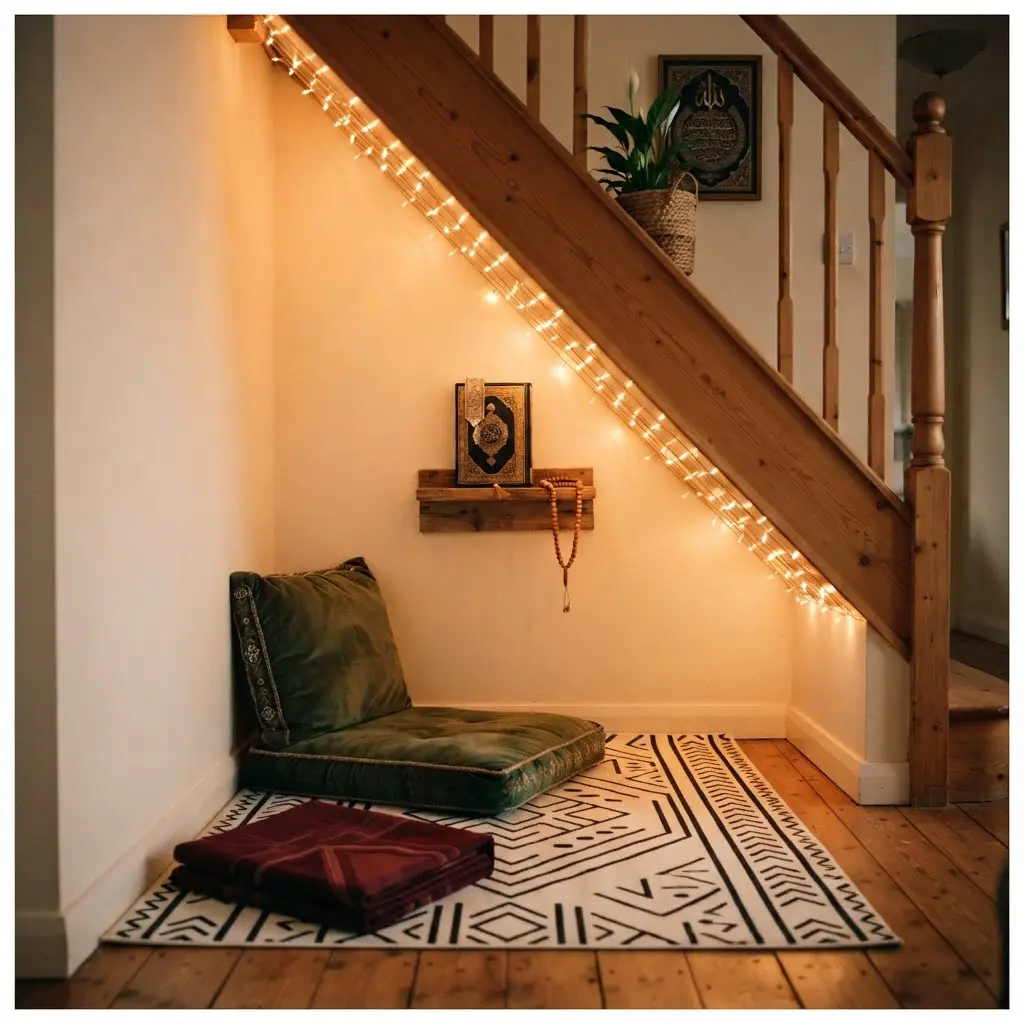 Under-the-stairs prayer nook with soft rug and string lights.