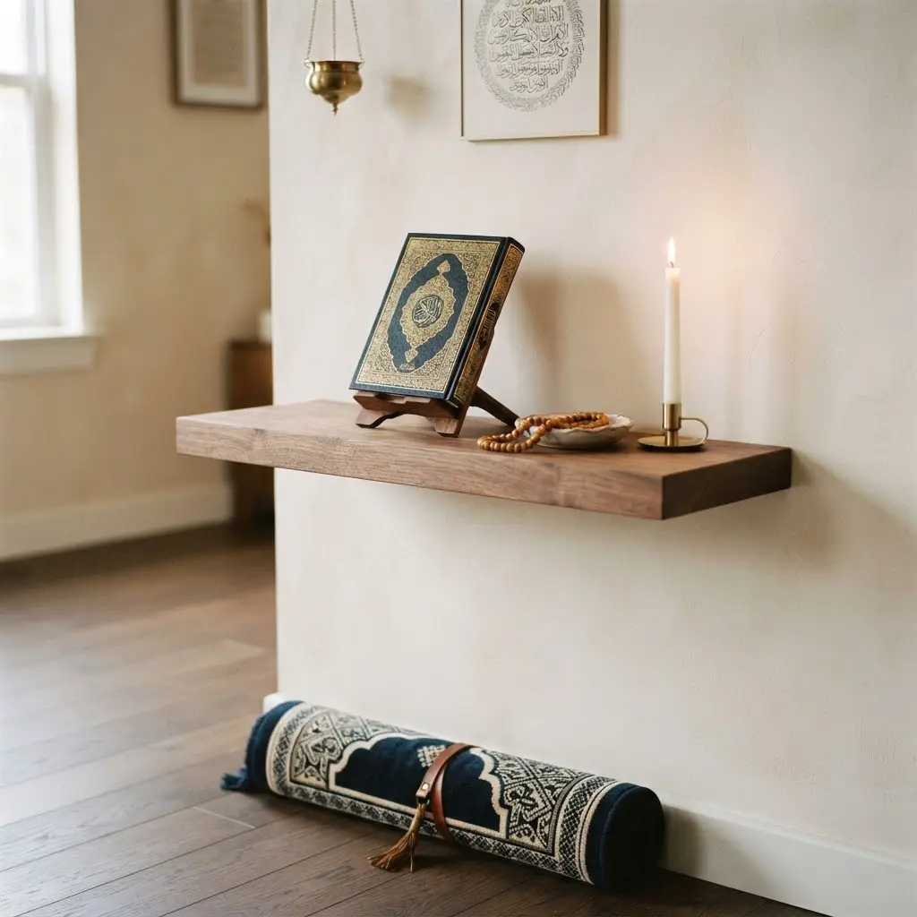 Wall-mounted prayer shelf setup for a small apartment. 